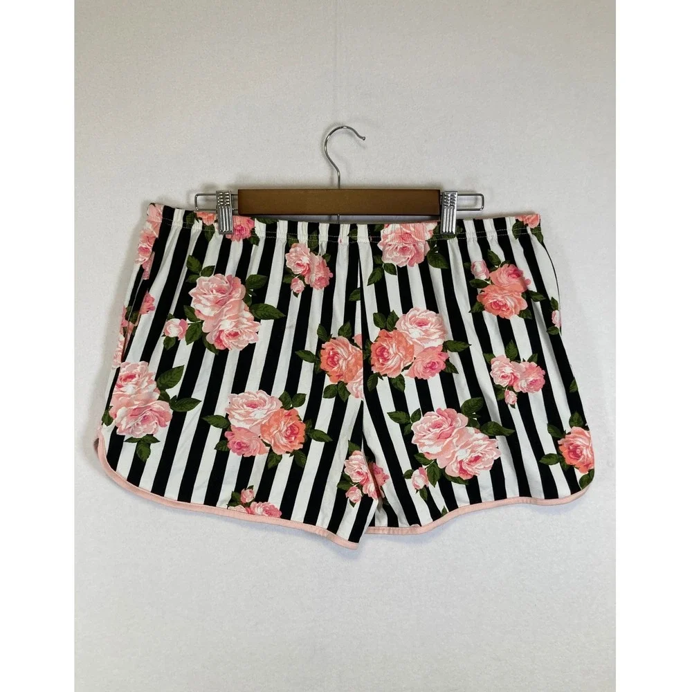Floral Stripe Betsey Johnson‎ Women Large Pink Black White Pajama Shorts Heart